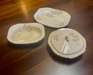 Light Pink Colored, Very Old, "ROYAL CHINA CO. Sebring, Ohio, Shell Pink, Bonnie Briar" Pattern, Serving Platter, Covered Vegetable Dish and Oval Vegetable Serving Dish