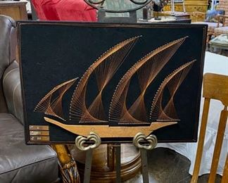 Vintage Copper Wire & Wooden Ship on Black Velvet Art