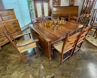 Antique, Large Drop Leaf Table with 6 Original Chairs with Rush Seats 