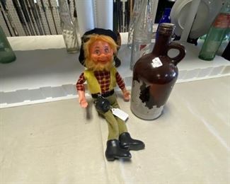 Vintage Hillbilly Doll and old brown glass jug