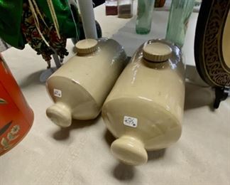 Two Vintage crock-style BED WARMERS with Original Caps (these would be filled with hot water and put into the beds at night to warm the sheets)