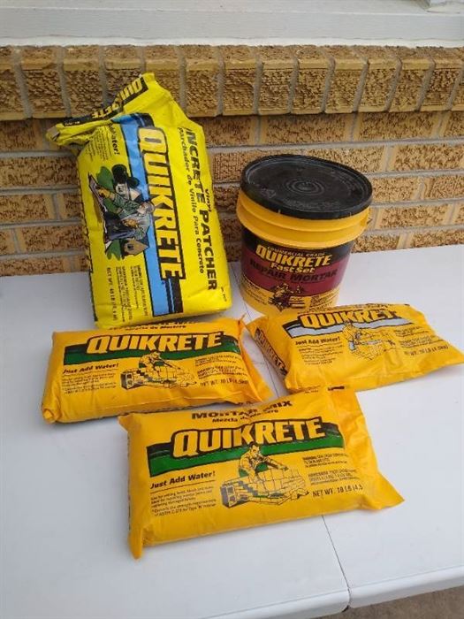 (3) 10lb Quikrete bags, 40lb Quikrete concrete patcher & tub of Quikrete fast set repair mortar