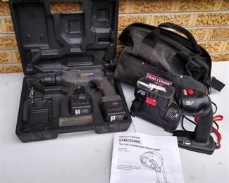 Craftsman 12V drill w/ extra battery & tool bag w/ 19V flashlight battery & charger