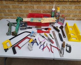 Tool tray w/ hand tools, box knife, clamp, caulking guns, hand saws & more