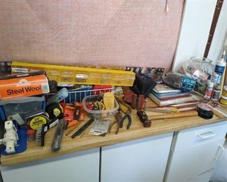 Hardware, wood putty, steel wool, small hand tools, small bench vise, & more