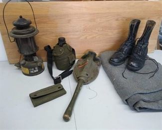 Military boots, lantern , shovel, canteen & surgical instrument kit
