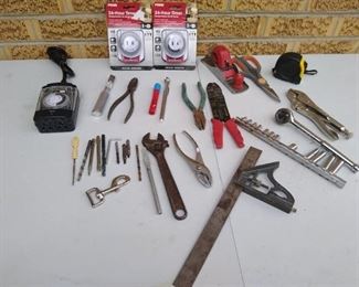 (3) 24hr timers, vise grip, wire cutter, sockets, squares, planers, & more