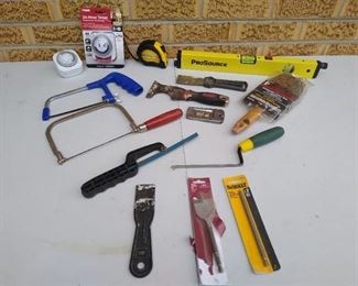 Laser level, paint brush, tape measure, (2) 24hr timers, putty knifes & more