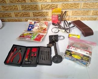First aid kit, extension cord, staples, & tool set