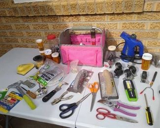 Craftsman pink tool tray, hardware, sanding blocks, glue, & vacuum