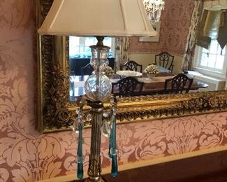 Vintage Brass with blue crystal buffet lamps
