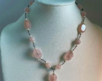 Sterling pearl and rose quartz necklace - 19 inches in length - price 40 dollars