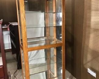 Tall Narrow Side Doors Beveled Glass Oak Lighted Curio Display Cabinet
