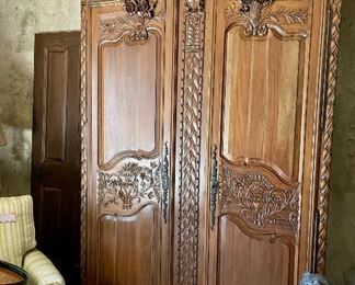 Monumental Carved French Armoire w/ Carved Floral Bouquets