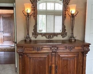 Large Classical Italian Buffet w/ Fluted Columns.  French Venus Shell Carved Mirror.  Pair of Tall Iron Lamps w/ Silver Leaf Detail