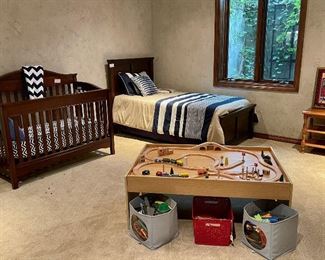 Lower Level Bedroom. BRIO Train Set, Toys, Games, Child's Crib, Matching Bunk & Twin Bed
