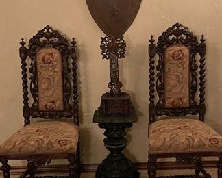Pair Gothic Revival Chairs w/ Barley Twist Frames
