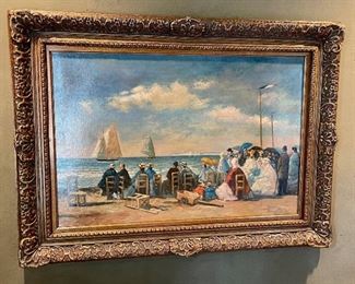 Late 19th C Original Euro Beach Scene Oil Painting .  see www.StubbsEstates.com for auction listing
