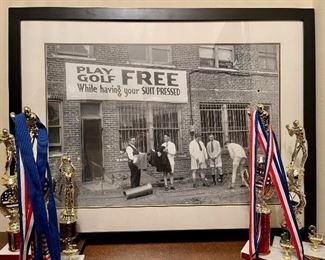 Framed Golf Poster and golf and sports trophies