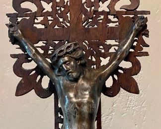 Antique scroll cut Folk Art Crucifix with Gilt Christ.  See StubbsEstates.com for auction listing