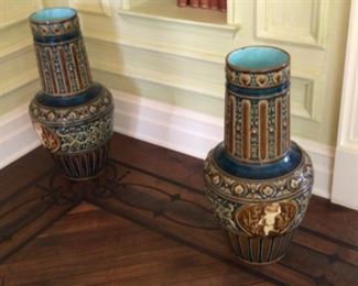 Pair of antique hand painted  urns measuring 25 x13 inches. $3000 each stamped and numbered on bottom