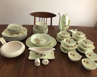 Vintage Handpainted Redwing Lantern Pottery Dishware. (Open Vegetable Bowl, Gravy Boat, Salt and Pepper Shakers, Cup and Saucers, Coffee Pot, Creamer, Soup, Salad, Bread, Dinner Plates, Serving Dish, Platter).  Some chips.