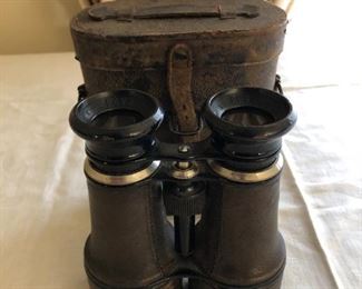 Antique Leather Wrapped Binoculars with Leather Case by Marchand Fabr Paris.