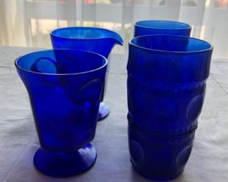 Cobalt Blue Glass Tumblers  and Pitcher