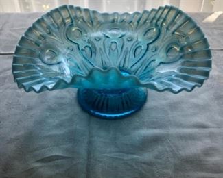 Ruffled Edge EAPG footed turquoise bowl