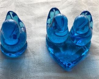 Blown Glass Blue Birds - signed Leonard 1990 and 1991
