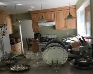 Kitchen items. Trays, Compote, Glassware, Platters, Wire Bread Baskets, Pots and Pans, Small Appliances.