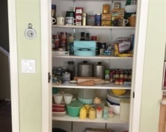 Pantry Items. Paper Plates, Food Storage. Tea, Coffee, Mugs, Canned Goods, Martha Stewart Silicon Bakeware,   Canning Jars, Small Crocks, Tin Foor and Sugar Canisters, Spices, Tupperware, Roasters, Paper Food Wrapping, Plastic Containers.