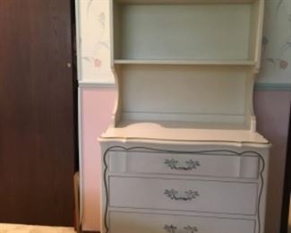 French Provincial Style Chest of Drawers with Bookcase top.  Chest (32in wide x 13.5in deep x 30in tall), Bookcase top (41in tall x 29.5in wide x 10in deep)