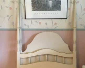 French Provincial Style 4 Poster Twin Headboard, Footboard and Metal side rails. Also has Night stand  Not Pictured: Night Stand (20.25in wide  x15in D x 24.5in tall).