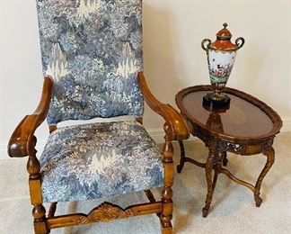 Antique Tapestry Chair & Tray Table • Madden McFarland Oriental Urn 