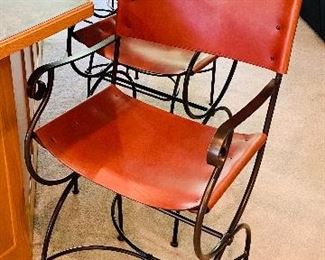 Custom Made Italian Leather & Iron Bar Stools - Directors Style Chairs. 

Chairs 29” seat height. 
36” arm 
45” back height

LIKE NEW - FOUR AVAILABLE.