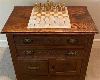 Jade & Marble Chess Set & Antique Chest of Drawers 