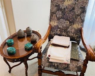 Antique Upholstered Chair & Tray Side Accent Table 