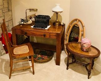 Vintage Underwood Typewriter, Coleman Quick Lite Lamp w/ Milk Glass Shade, Signed Mallard Duck, Bamboo Mirror, Woven Cane Chair, Macau Urn, Beautiful Oak Desk 