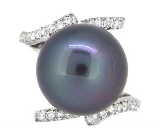 13mm Tahitian Pearl & 0.61ct Diamond Ring 14K