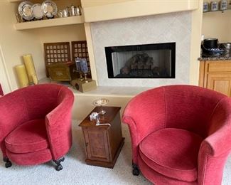 Set back in two vintage red velvet club chairs that are really comfy!