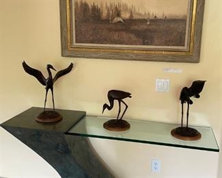 Art glass contemporary side table and three bronze cranes ready to take flight!