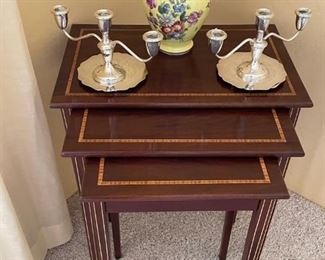 Mahogany with fruit wood parquetry inlay set of three nesting tables.