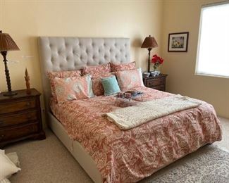 King bedroom set with tufted linen headboard, box springs and mattress, two three drawer walnut night stands and a small three drawer bureau with a marble top, not pictured.