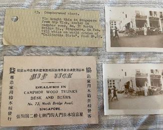 Found inside the camphor carved chest: certificate of purchase from the Hip Lick Dealer store in Singapore in 1933, dealer label and two photographs of the store's exterior. The chest was purchased for $4.85. It's a bit more now.