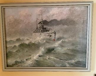 One of two early 20th century seascapes with historical ships by Gilbert Margeson.