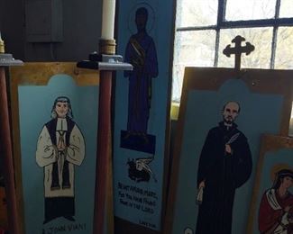 Hand painted religious figures on wood panel