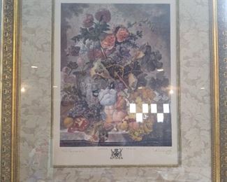 Vintage etching with beautiful fabric matting and gorgeous gold frame!