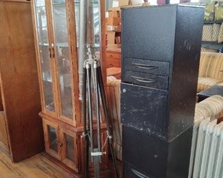 Lighted and mirrored curio cabinet, telescope mini office cabinets, plug in oil heater