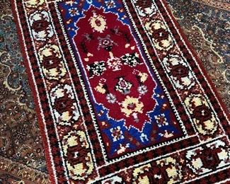 Handmade rug, red, black, ivory & cobalt blue